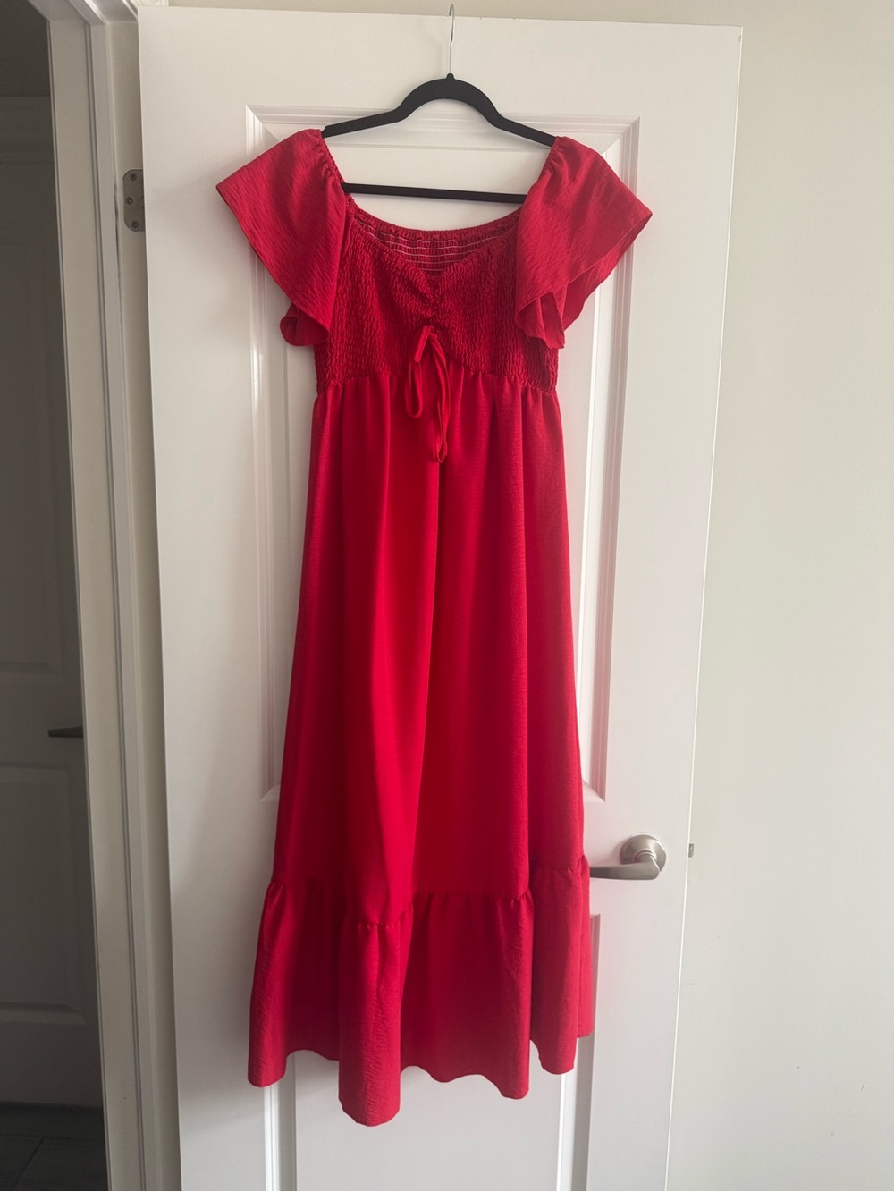 Red Smocked Flutter-Sleeve